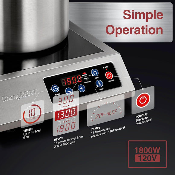 Portable Induction Cooktop 1800W NSF Certified Commercial Range Powerful Countertop Burner Pro Chef Professional Hot Plate 18/10 Stainless Steel Housing Schott Glass 10 Hours Timer