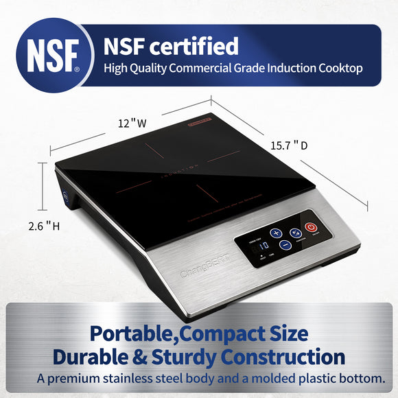 1800W Commercial Grade Induction Cooktop, NSF Certified Portable Large 8” Heating Coil, 12" Heat Resistant Cooking Surface 18/10 Stainless Steel Power Pro Chef Professional Burner Hot Plate