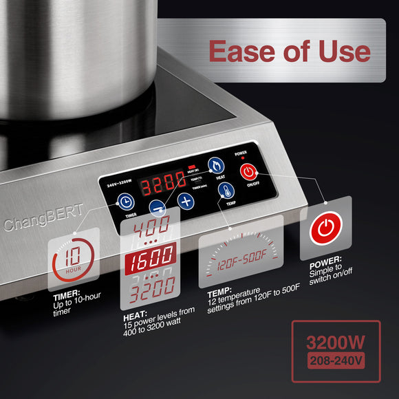 Portable Induction Cooktop 208-240V 3200W NSF Certified Commercial Range Countertop Burner Pro Chef Professional Hot Plate High Power 18/10 Stainless Steel Housing Schott Glass