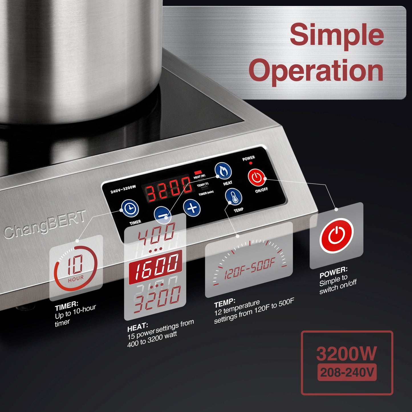 Portable Induction Cooktop 208-240V 3200W NSF Certified Commercial Range Countertop Burner Pro Chef Professional Hot Plate High Power 18/10 Stainless Steel Housing Schott Glass