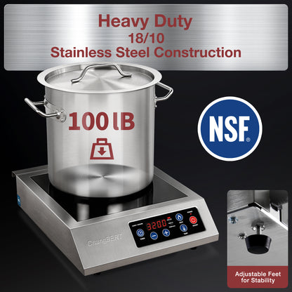 Portable Induction Cooktop 208-240V 3200W NSF Certified Commercial Range Countertop Burner Pro Chef Professional Hot Plate High Power 18/10 Stainless Steel Housing Schott Glass