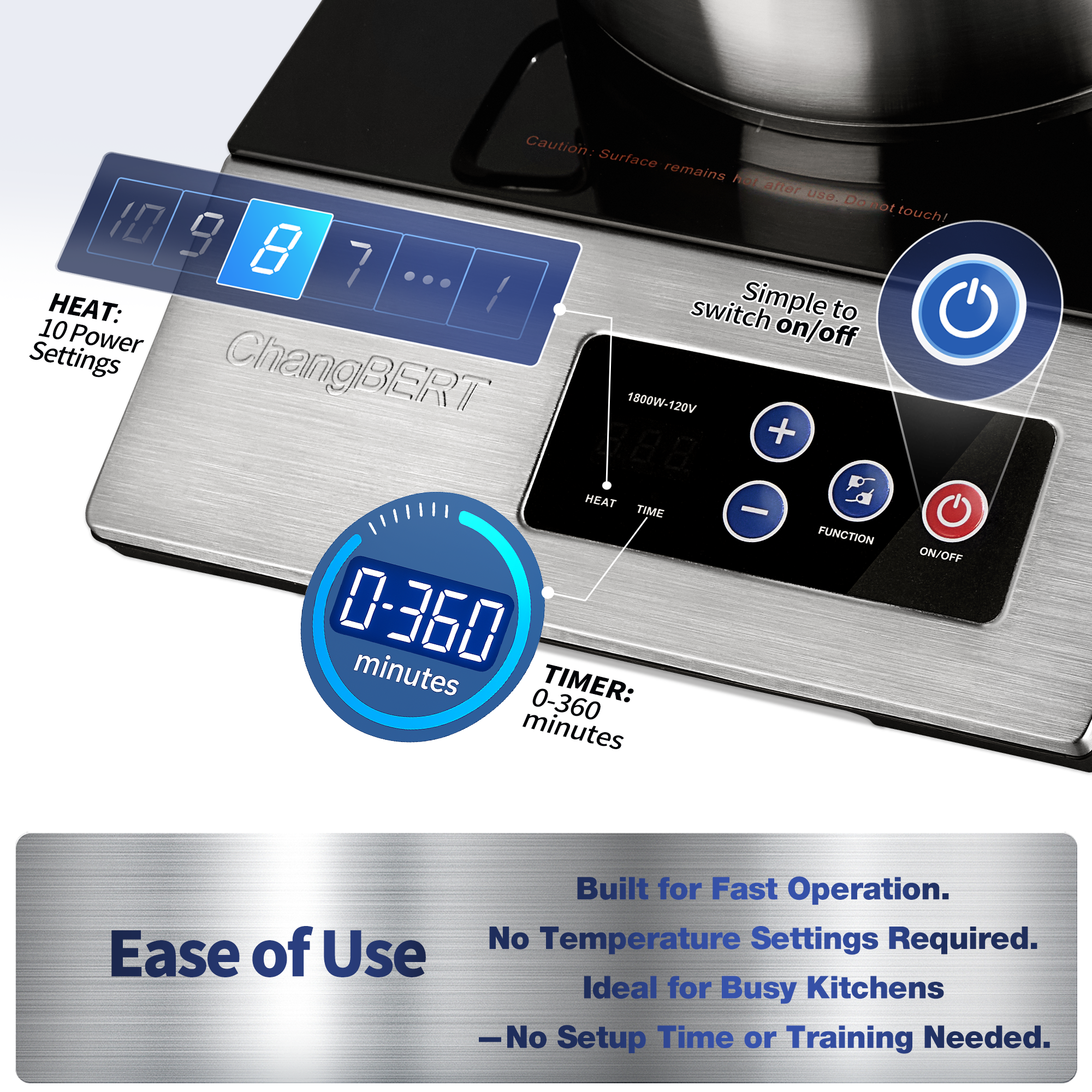 1800W Commercial Grade Induction Cooktop, NSF Certified Portable Large 8” Heating Coil, 12" Heat Resistant Cooking Surface 18/10 Stainless Steel Power Pro Chef Professional Burner Hot Plate