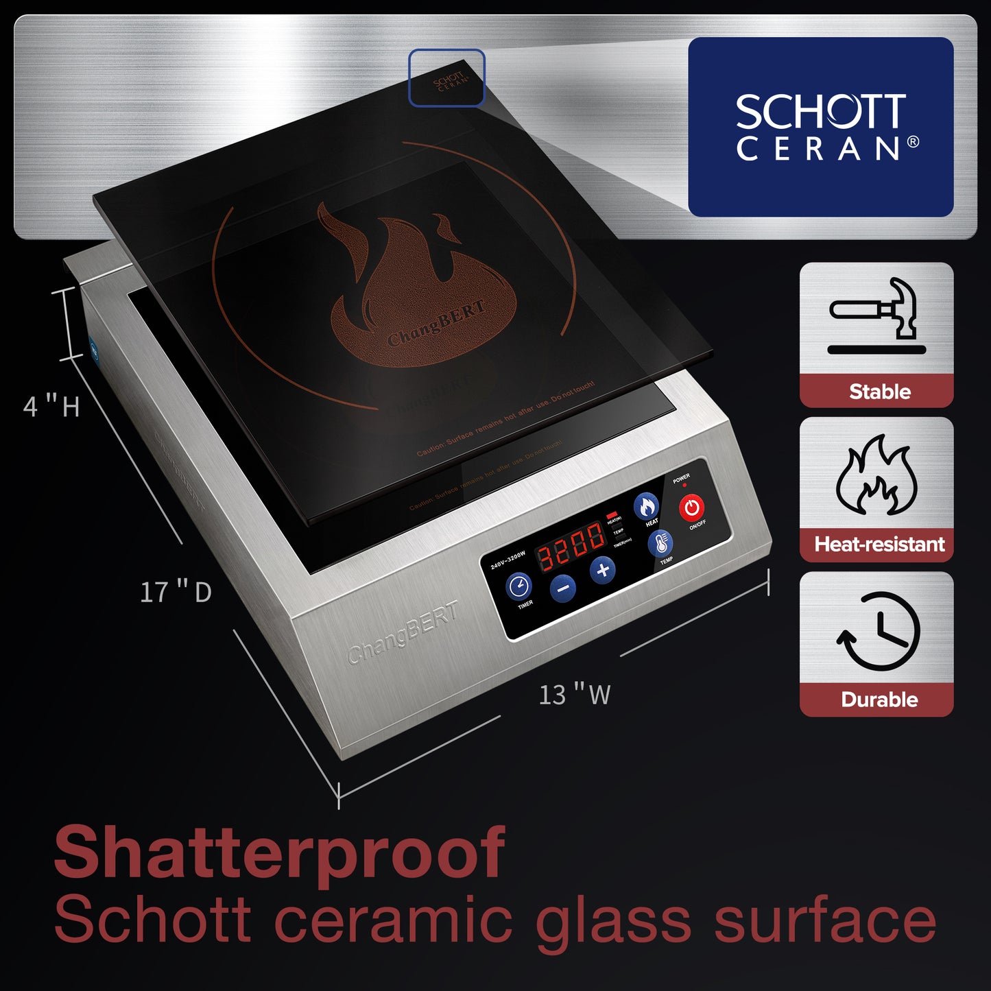 Portable Induction Cooktop 208-240V 3200W NSF Certified Commercial Range Countertop Burner Pro Chef Professional Hot Plate High Power 18/10 Stainless Steel Housing Schott Glass