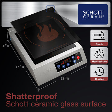 Portable Induction Cooktop 208-240V 3200W NSF Certified Commercial Range Countertop Burner Pro Chef Professional Hot Plate High Power 18/10 Stainless Steel Housing Schott Glass - 0