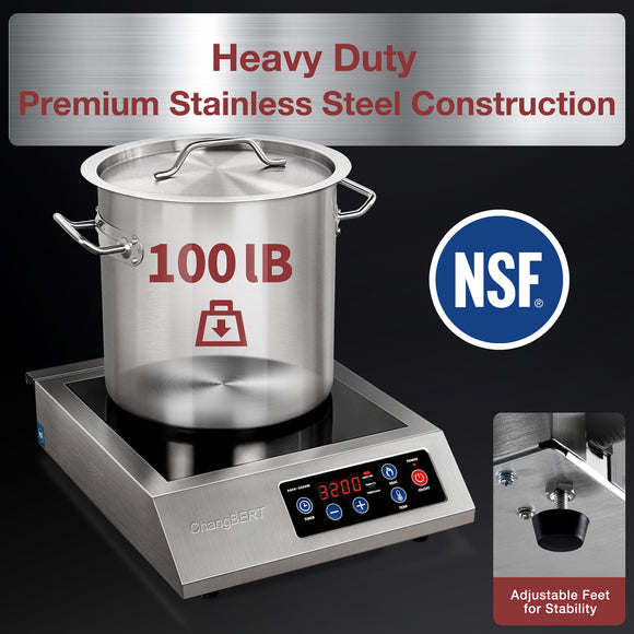 Portable Induction Cooktop 208-240V 3200W NSF Certified Commercial Range Countertop Burner Pro Chef Professional Hot Plate High Power 18/10 Stainless Steel Housing Schott Glass