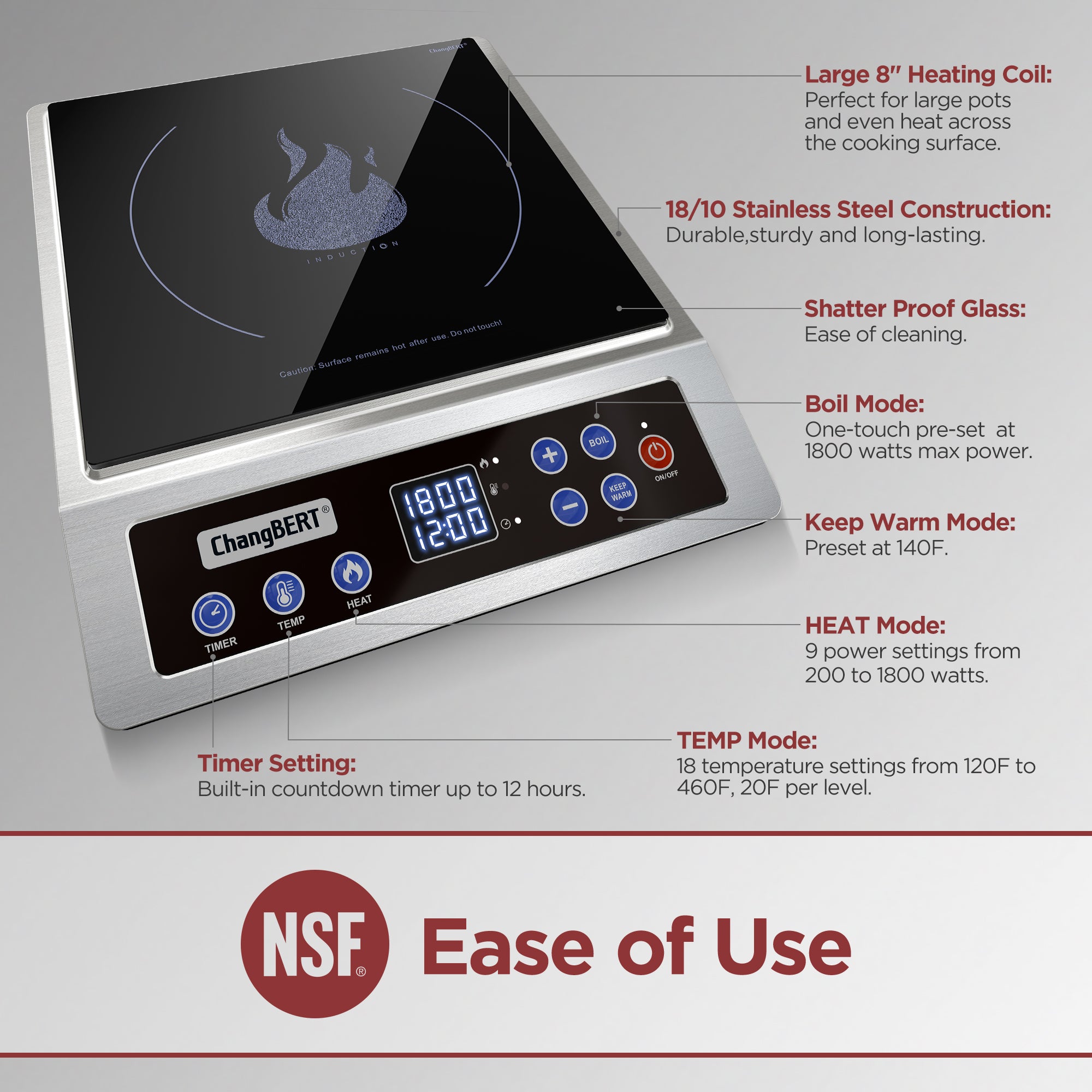 Portable Induction Cooktop, NSF Certified Pro Induction Hot Plate, Powerful 1800W with Large 8" Heating Coil, 18/10 Stainless Steel, 18 Temp Settings Commercial Grade Countertop Burner - 0