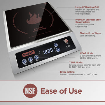 ChangBERT Professional Induction Cooktop, NSF Certified Countertop Burner, Large Coil for Even Heating, Precise Temperature Control, 10 Hours Timer, 1800W Powerful Hot Plate for Home & Commercial Use - 0