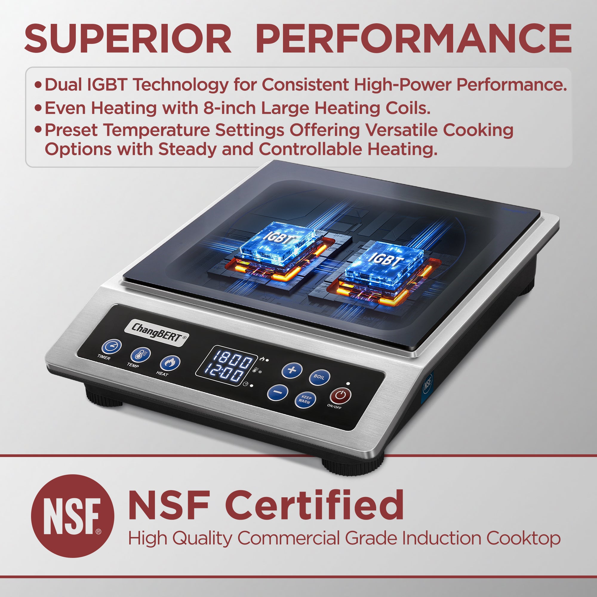 Portable Induction Cooktop, NSF Certified Pro Induction Hot Plate, Powerful 1800W with Large 8" Heating Coil, 18/10 Stainless Steel, 18 Temp Settings Commercial Grade Countertop Burner