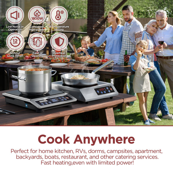 Induction Cooktop, Commercial Grade Portable Cooker, Large 8” Heating Coil, 18/10 Stainless Steel Countertop Burner with NSF Certified, 10 Hours Timer, Powerful 1800W Professional Hot Plate