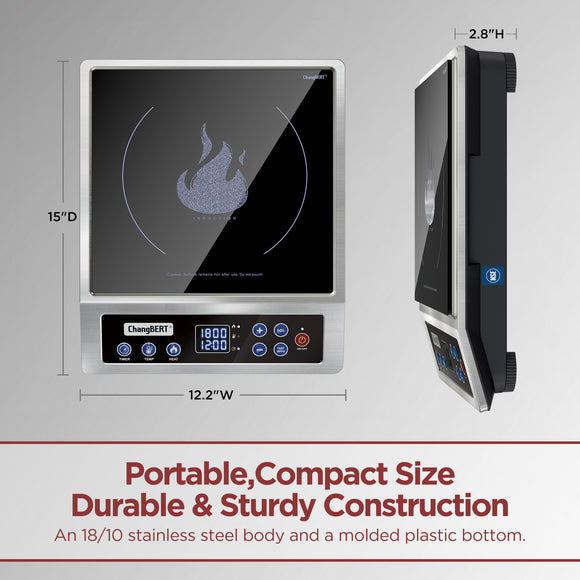 Portable Induction Cooktop, NSF Certified Pro Induction Hot Plate, Powerful 1800W with Large 8" Heating Coil, 18/10 Stainless Steel, 18 Temp Settings Commercial Grade Countertop Burner