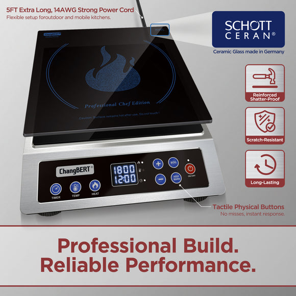 ChangBERT Induction Cooktop NSF Certified Professional Chef Edition Stove, 1800W Commericial Induction Burner with Schott Glass, Large Heating Coil Electric Hot Plate for Restaurant Hotel Food Station
