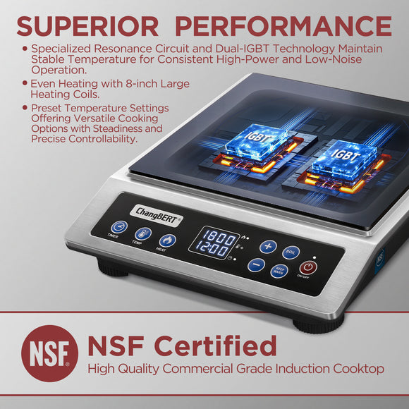 ChangBERT Induction Cooktop NSF Certified Professional Chef Edition Stove, 1800W Commericial Induction Burner with Schott Glass, Large Heating Coil Electric Hot Plate for Restaurant Hotel Food Station