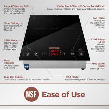 ChangBERT Built-in & Countertop Induction Cooktop, NSF-Certified Commercial Grade Single Induction Burner, Large 8” Heating Coil, Low Noise, Precise Temperature Control for Apartments RVs Food Station - 0